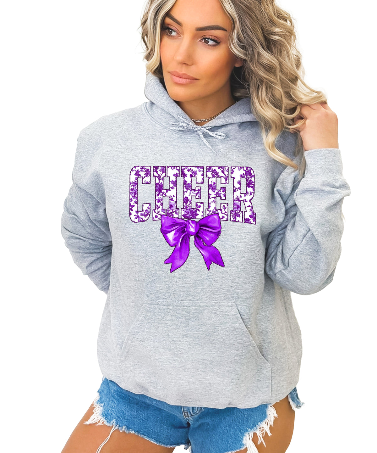 Ink-printed purple floral CHEER coquette bow hoodie for women, Gray, image 1