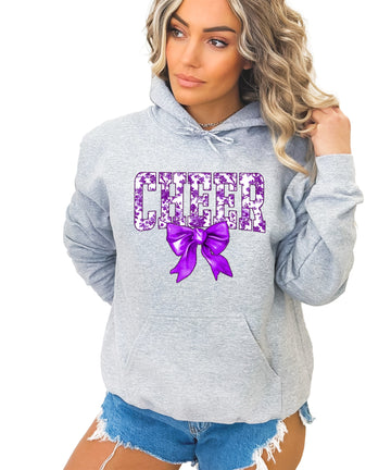 Ink-printed purple floral CHEER coquette bow hoodie for women, Gray, image 1