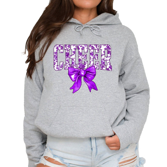 Ink-printed purple floral CHEER coquette bow hoodie for women, Gray, image 2