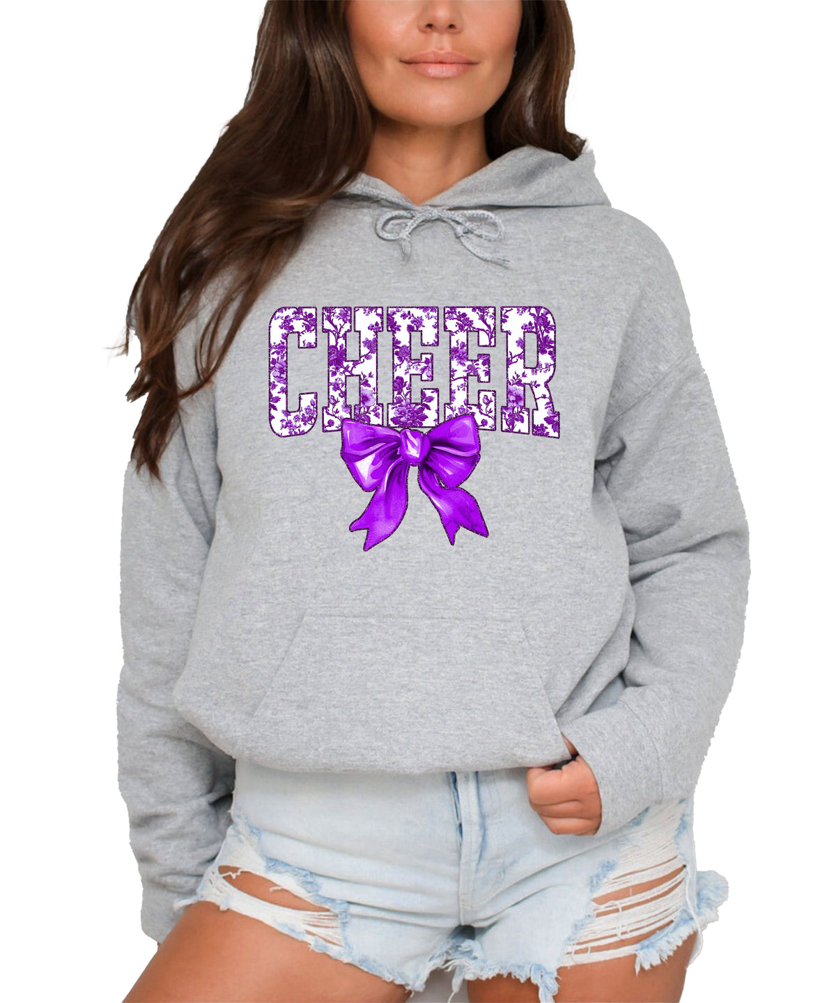 Ink-printed purple floral CHEER coquette bow hoodie for women, Gray, image 2