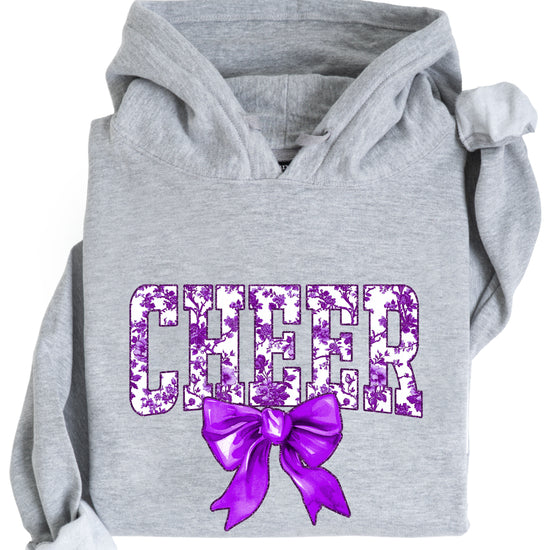 Ink-printed purple floral CHEER coquette bow hoodie for women, Gray, image 4