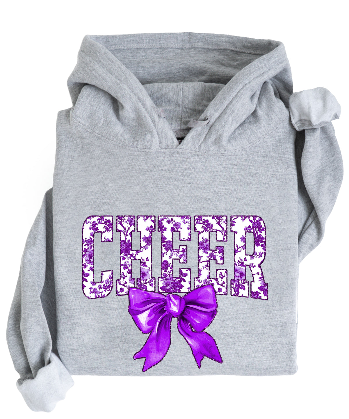 Ink-printed purple floral CHEER coquette bow hoodie for women, Gray, image 4