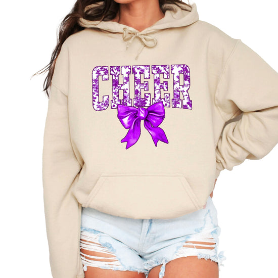Ink-printed purple floral CHEER coquette bow hoodie for women, Sand, image 1