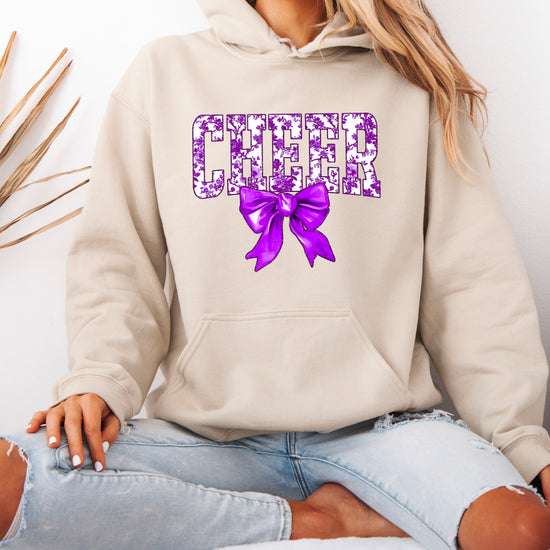 Ink-printed purple floral CHEER coquette bow hoodie for women, Sand, image 2