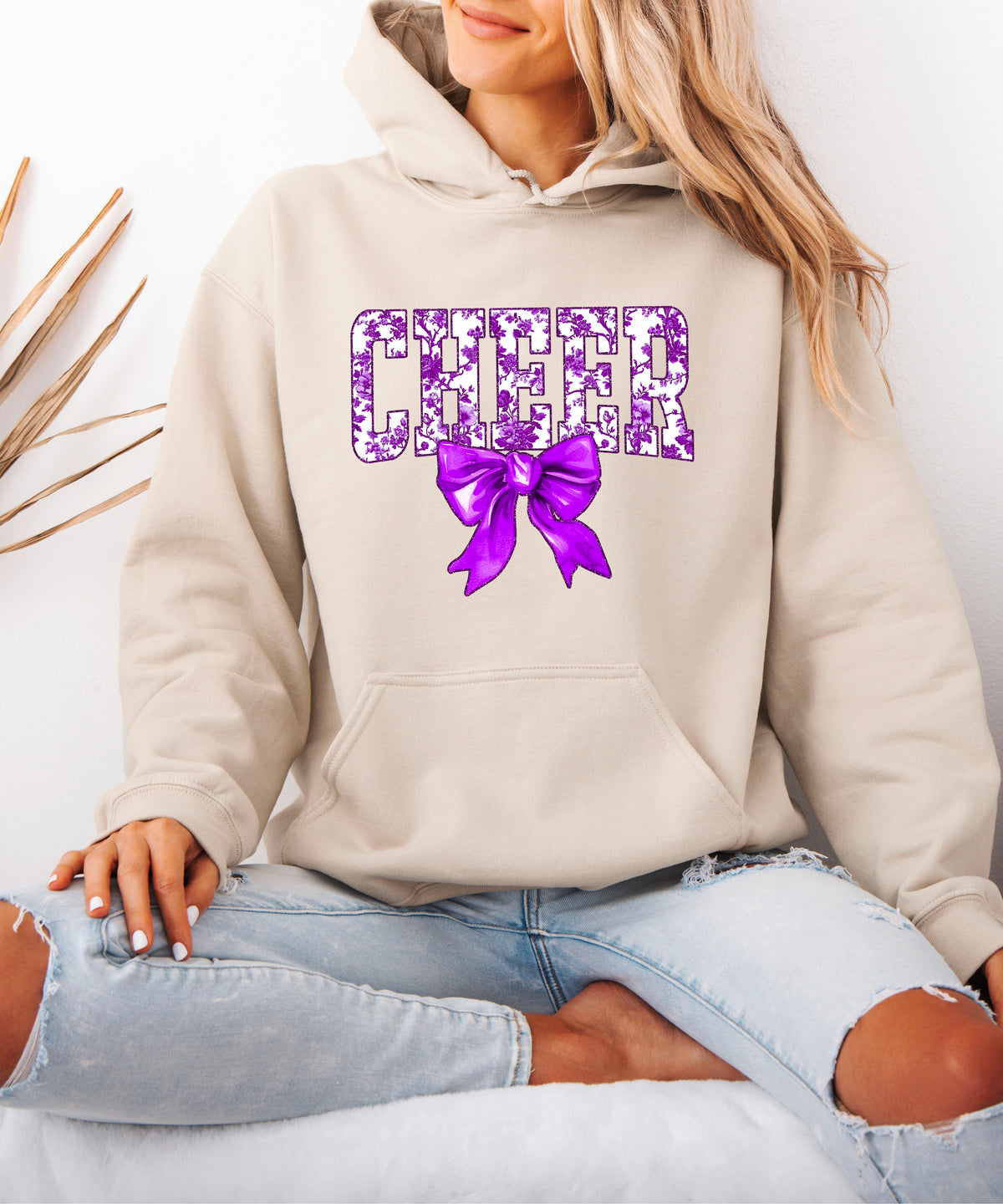 Ink-printed purple floral CHEER coquette bow hoodie for women, Sand, image 2