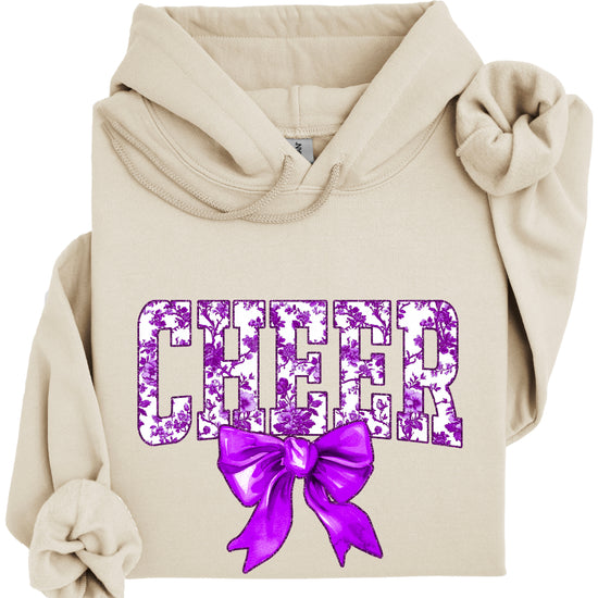 Ink-printed purple floral CHEER coquette bow hoodie for women, Sand, image 4