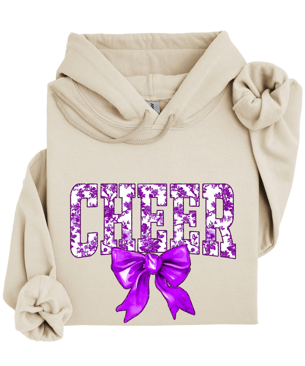 Ink-printed purple floral CHEER coquette bow hoodie for women, Sand, image 4