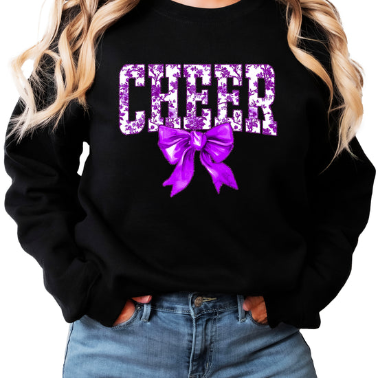 Black purple cheer bow sweatshirt front view
