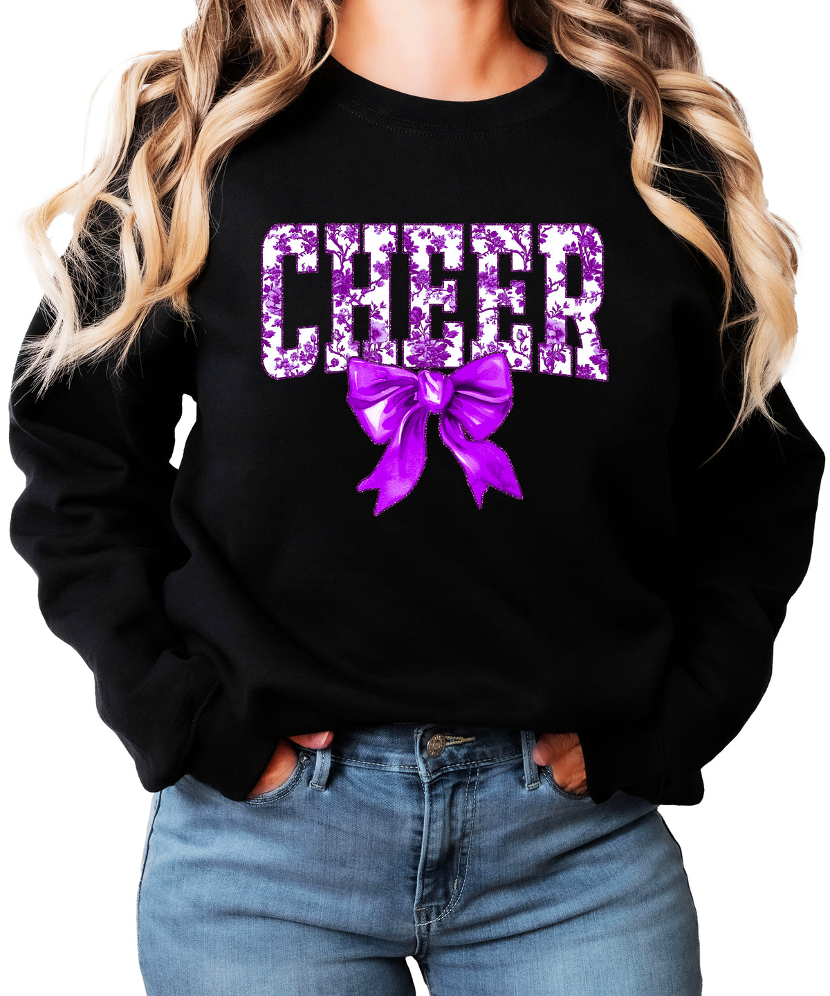 Black purple cheer bow sweatshirt front view