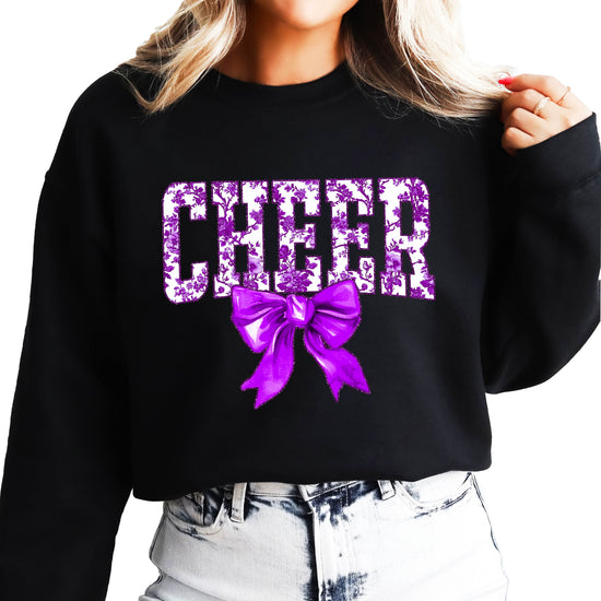 Black purple cheer bow sweatshirt detail