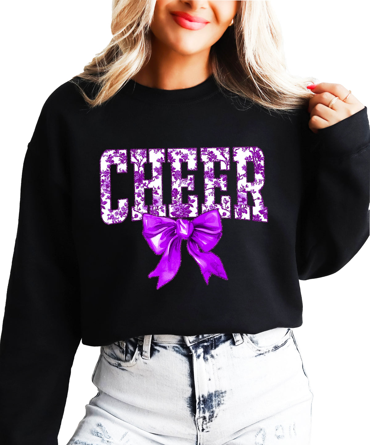 Black purple cheer bow sweatshirt detail