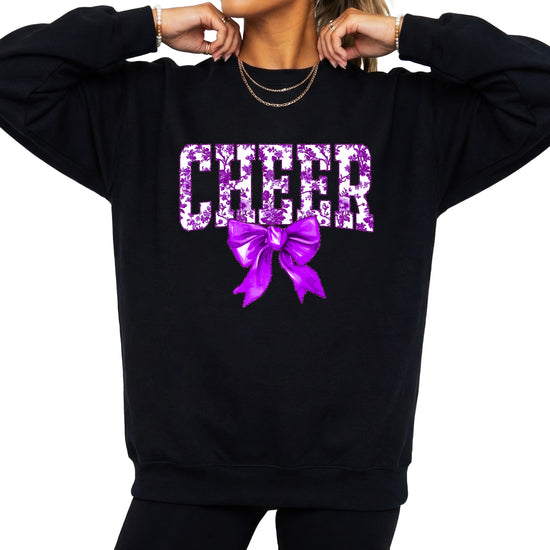 Black purple cheer bow sweatshirt styled