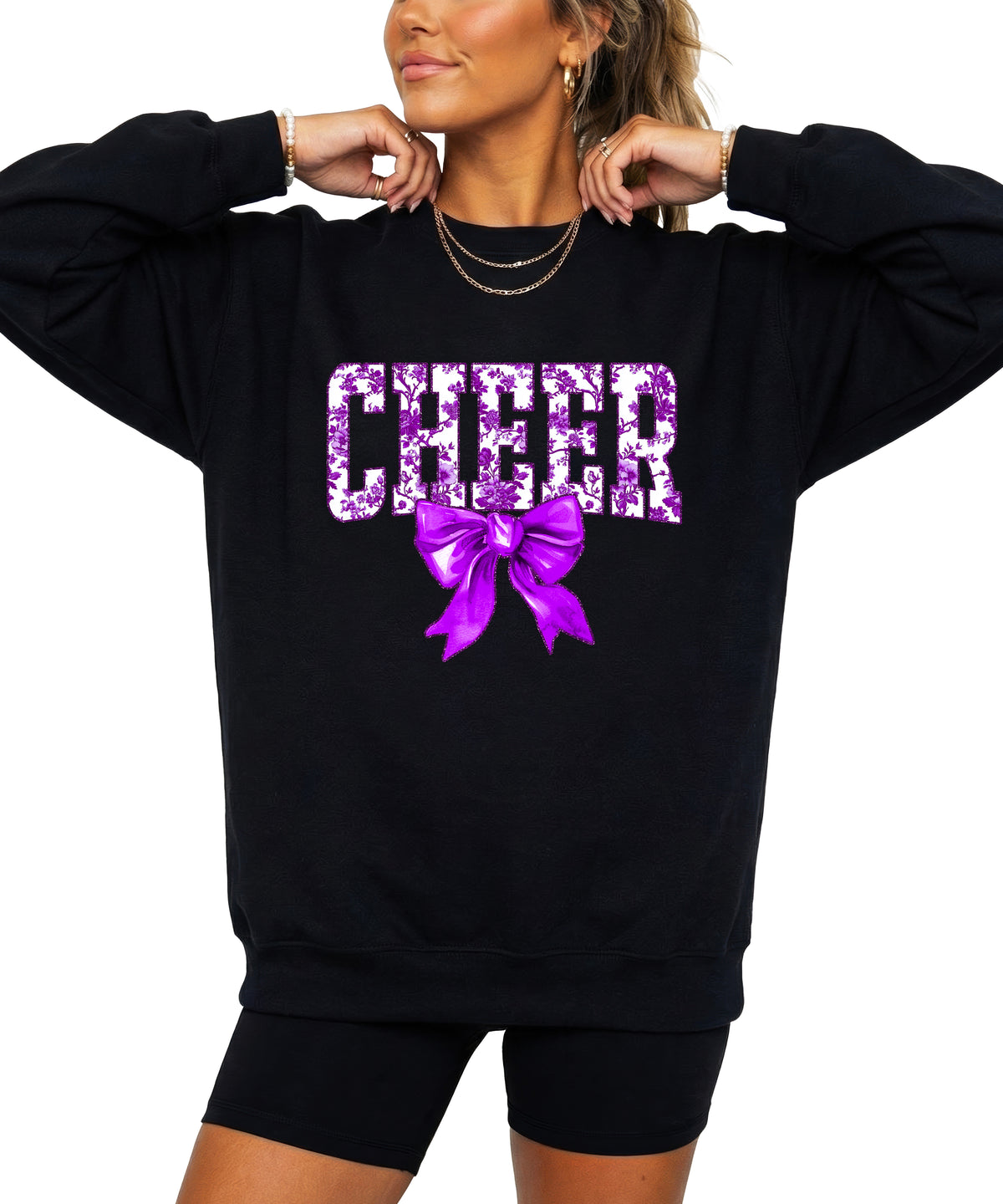 Black purple cheer bow sweatshirt styled