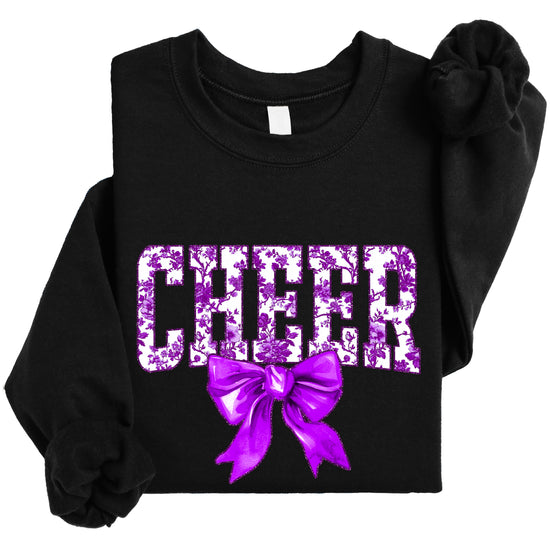 Black purple cheer bow sweatshirt lifestyle
