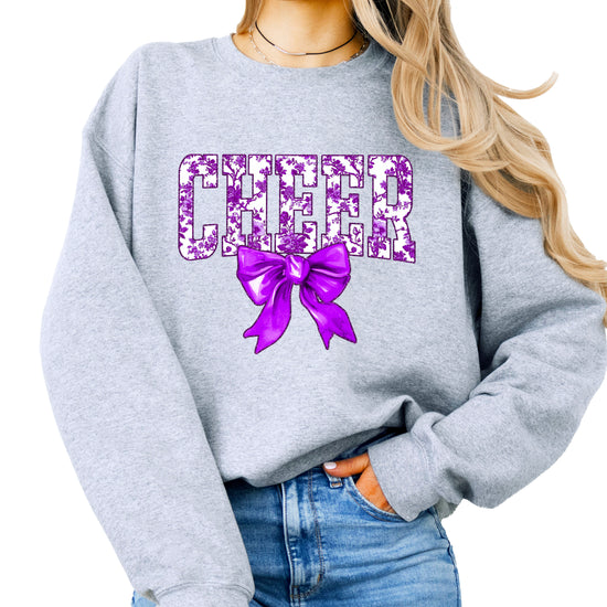 Gray purple cheer bow sweatshirt front view