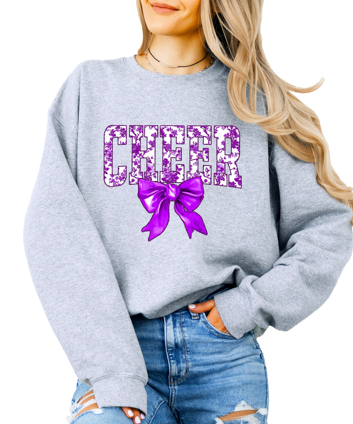 Gray purple cheer bow sweatshirt front view