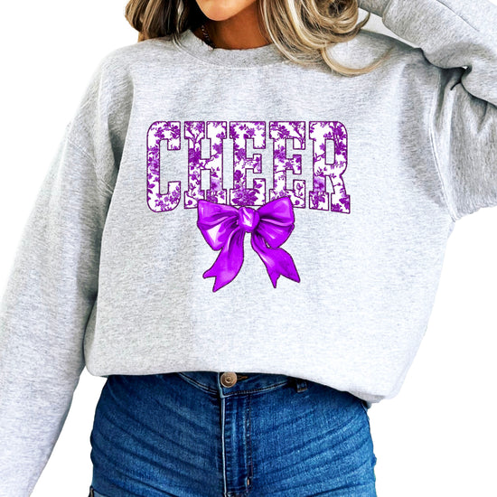 Gray purple cheer bow sweatshirt detail