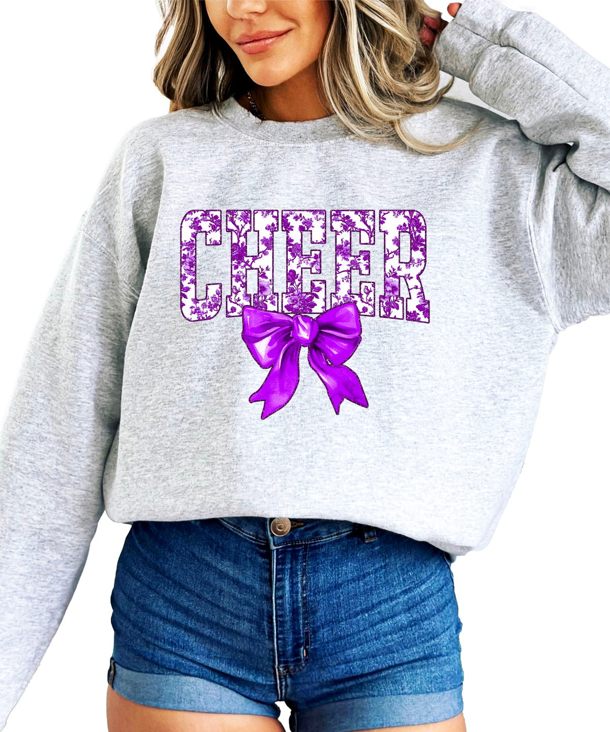 Gray purple cheer bow sweatshirt detail