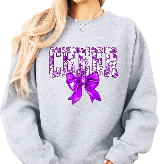 Gray purple cheer bow sweatshirt styled
