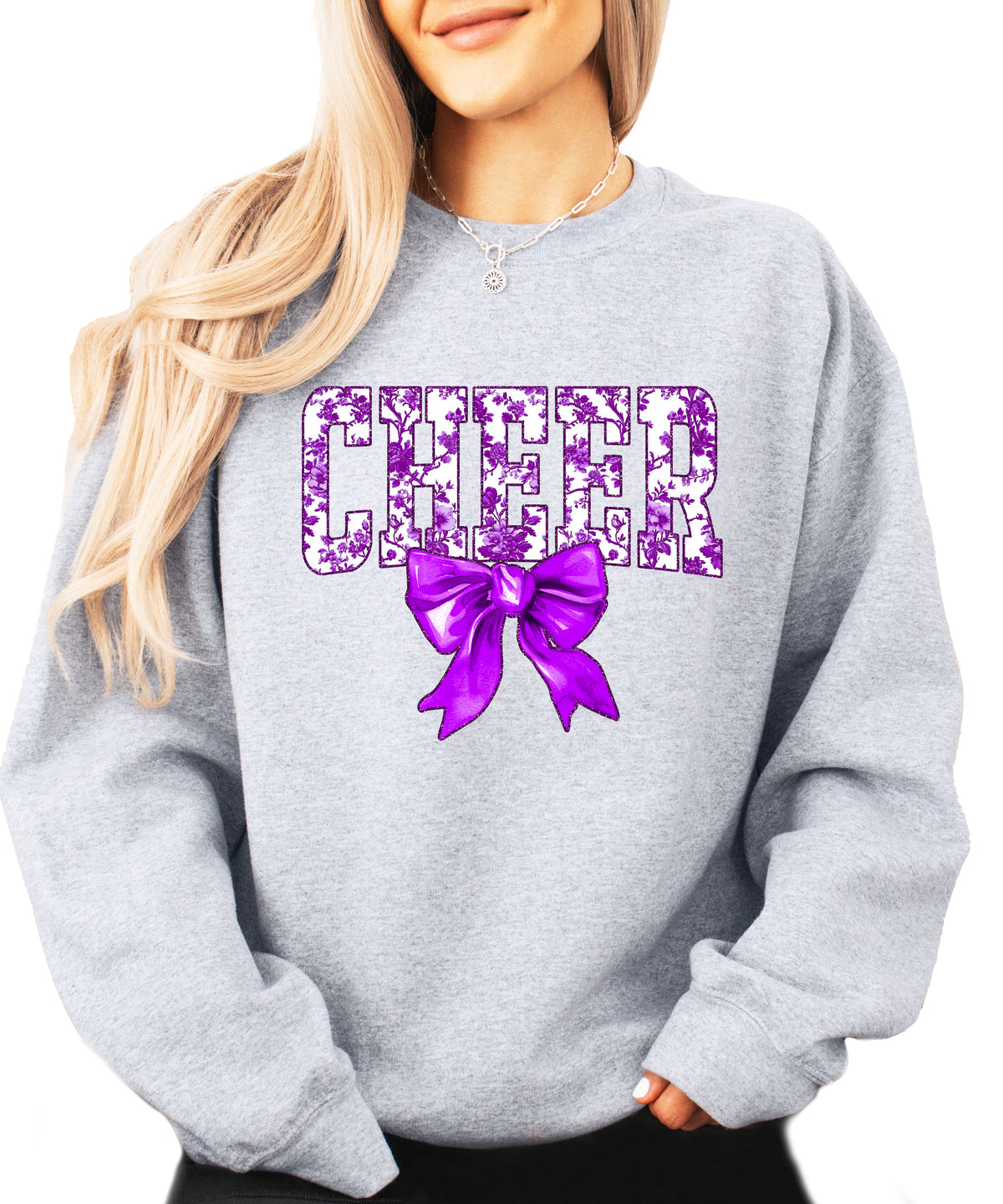 Gray purple cheer bow sweatshirt styled