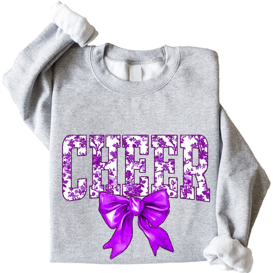 Gray purple cheer bow sweatshirt lifestyle