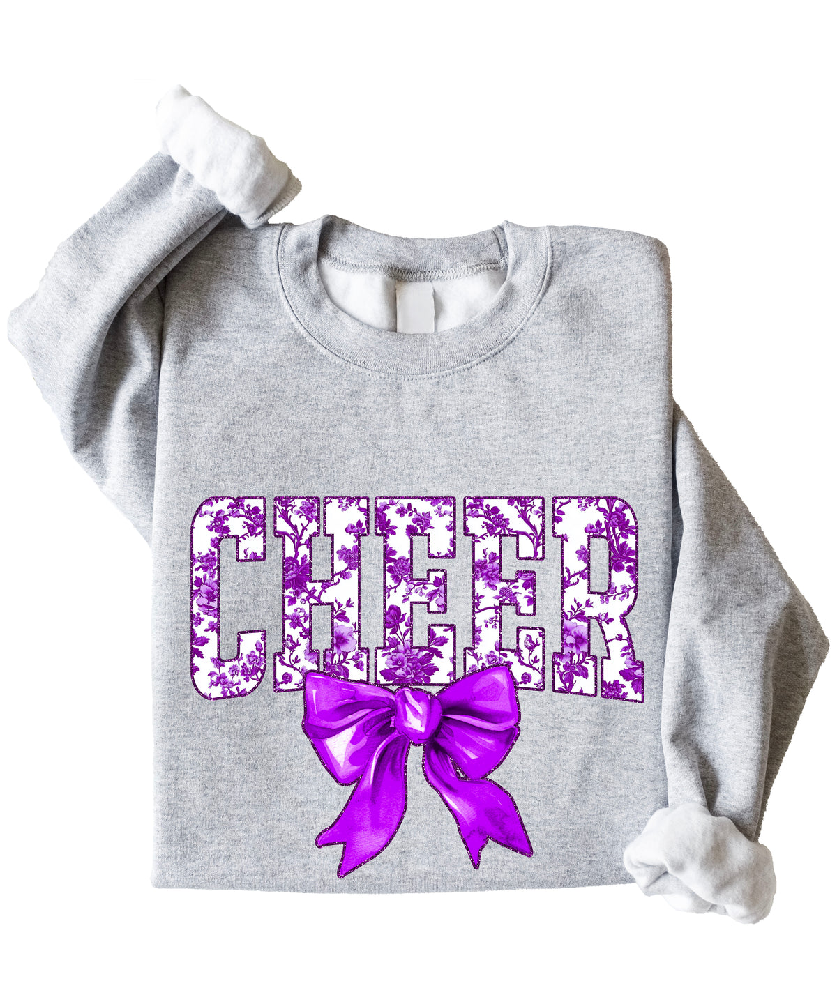 Gray purple cheer bow sweatshirt lifestyle