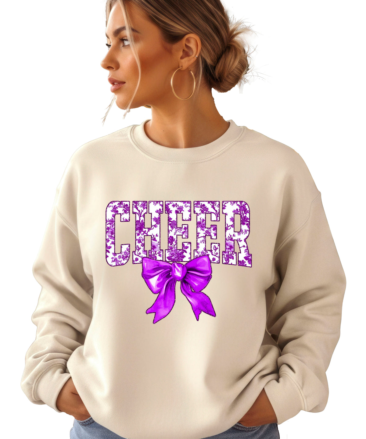 Sand purple cheer bow sweatshirt detail