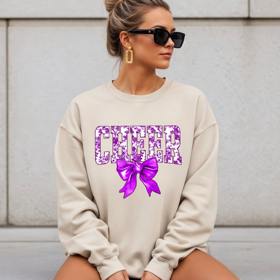Sand purple cheer bow sweatshirt styled