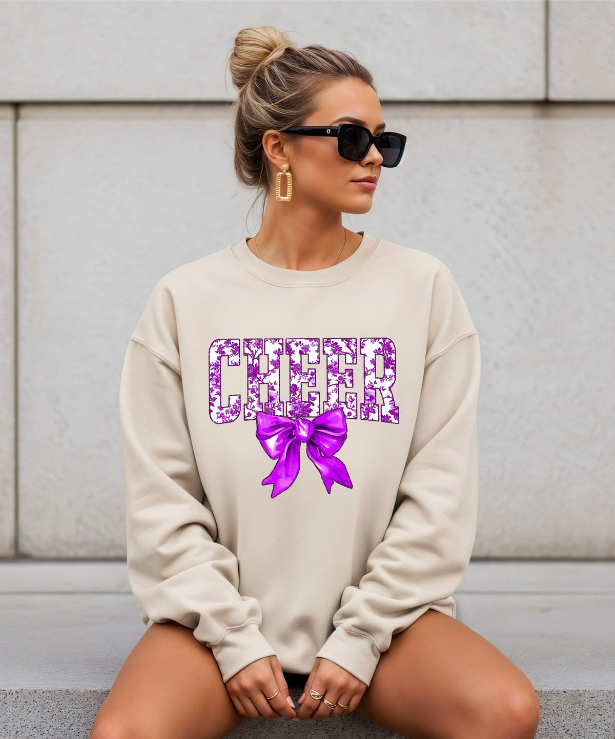 Sand purple cheer bow sweatshirt styled