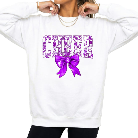 White purple cheer bow sweatshirt front view