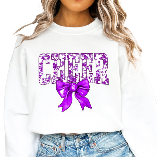 White purple cheer bow sweatshirt detail
