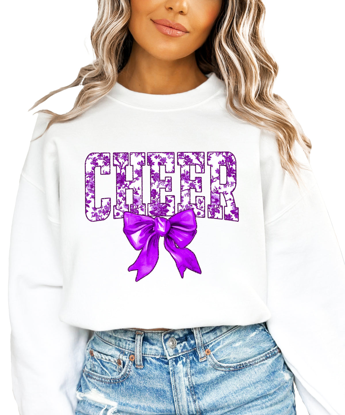 White purple cheer bow sweatshirt detail