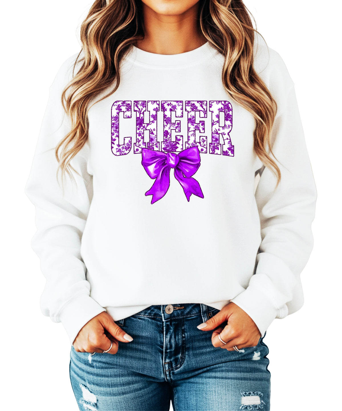 White purple cheer bow sweatshirt styled