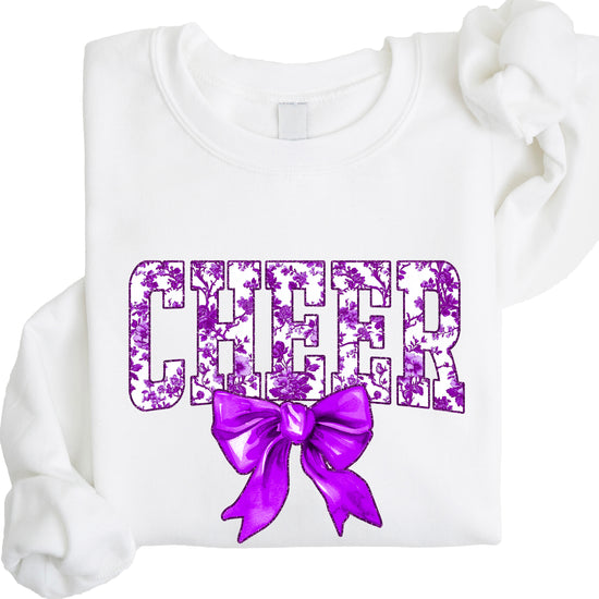 White purple cheer bow sweatshirt lifestyle
