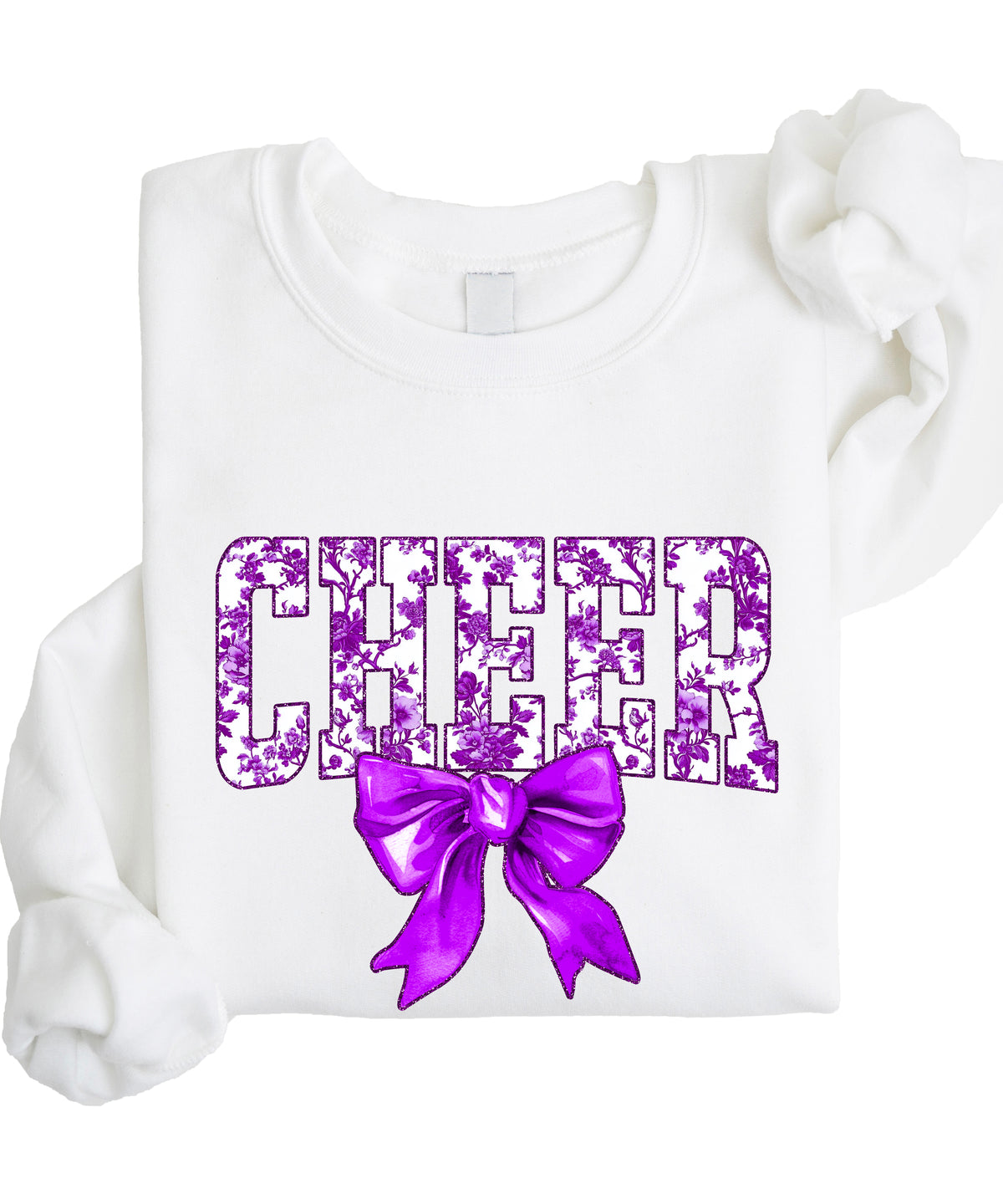 White purple cheer bow sweatshirt lifestyle
