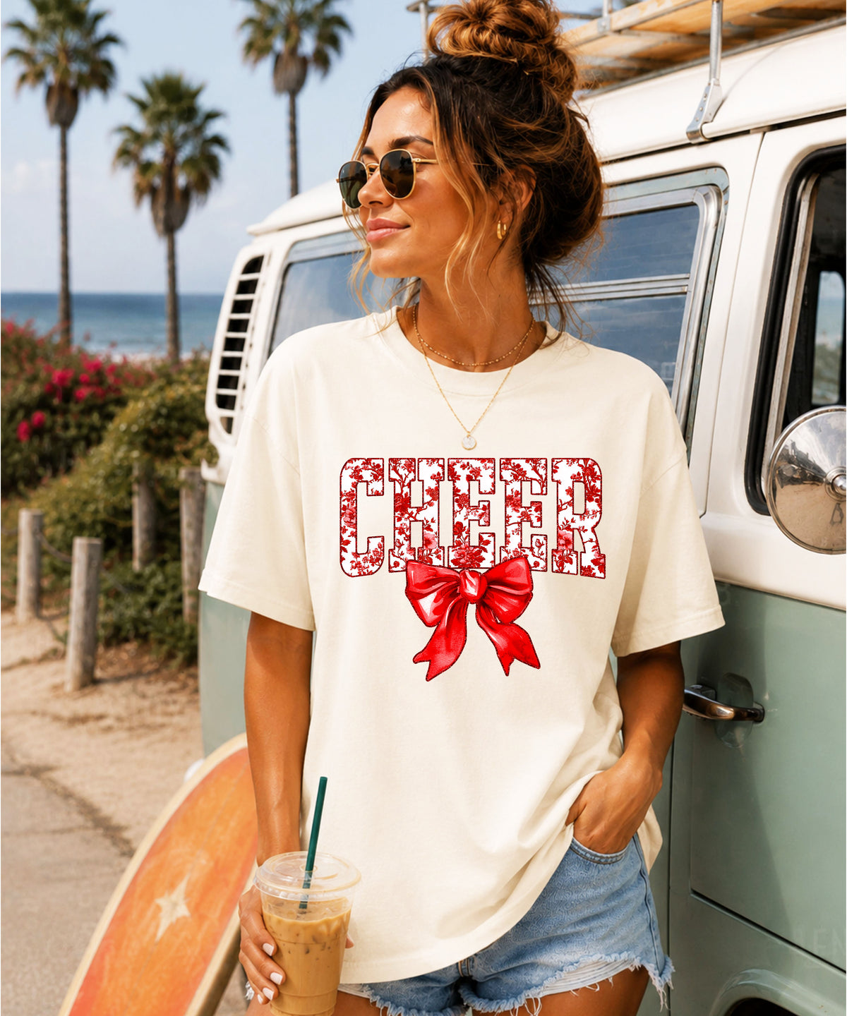 Cheer red floral bow shirt in Ivory, detail view