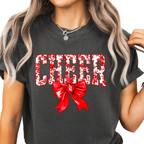 Cheer red floral coquette bow Comfort Colors tee for women in Pepper, front view
