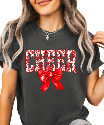 Cheer red floral coquette bow Comfort Colors tee for women in Pepper, front view