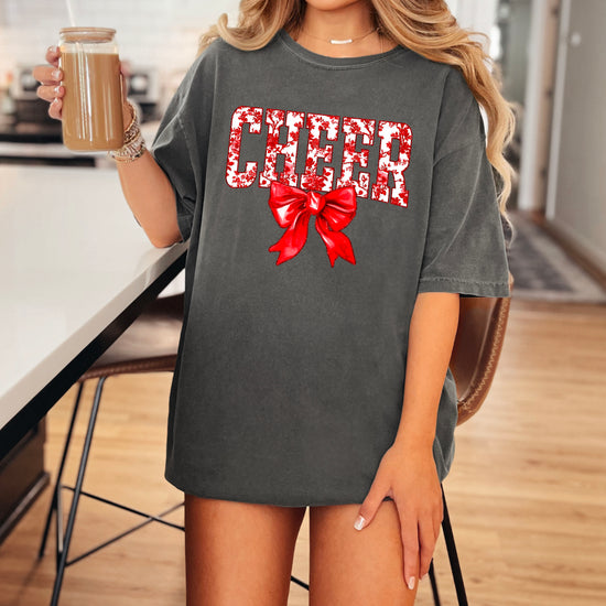 Cheer red floral bow shirt in Pepper, detail view