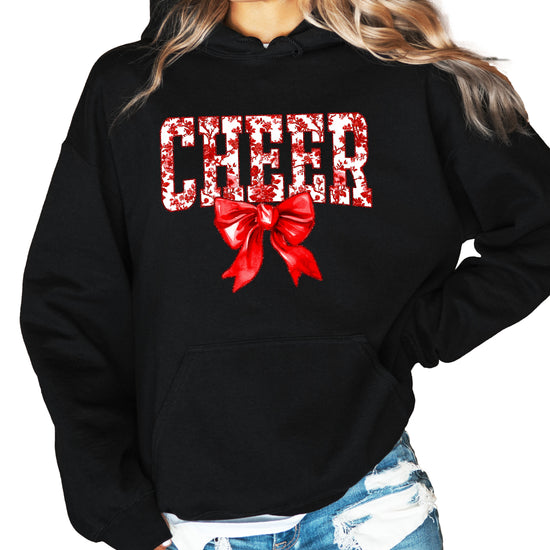 Cheer red floral bow hoodie for women and teen girls, Black hoodie, front view