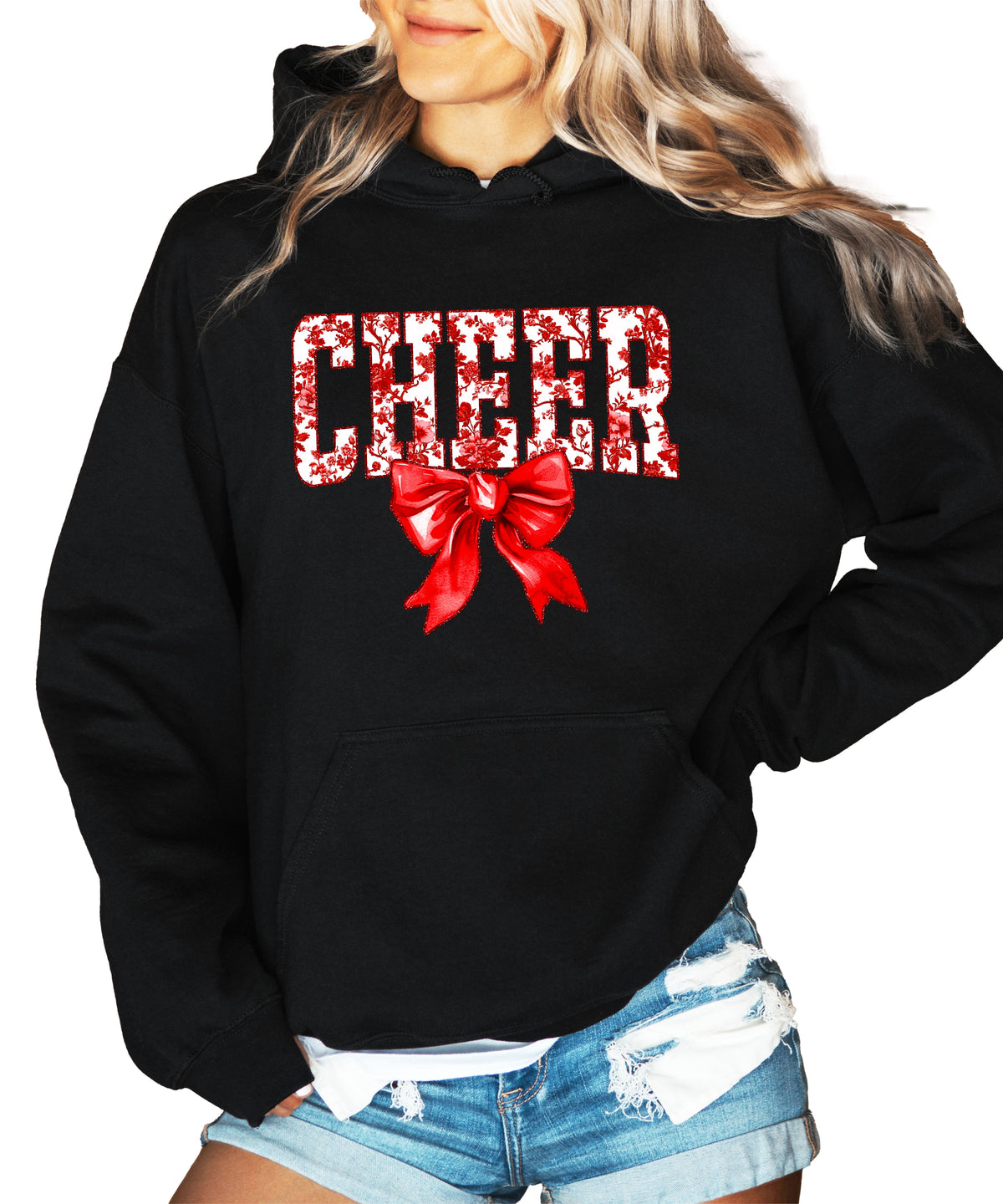 Cheer red floral bow hoodie for women and teen girls, Black hoodie, front view