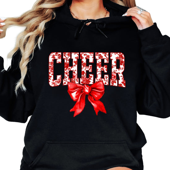 Cheer red floral bow hoodie for women and teen girls, Black hoodie, additional view 2