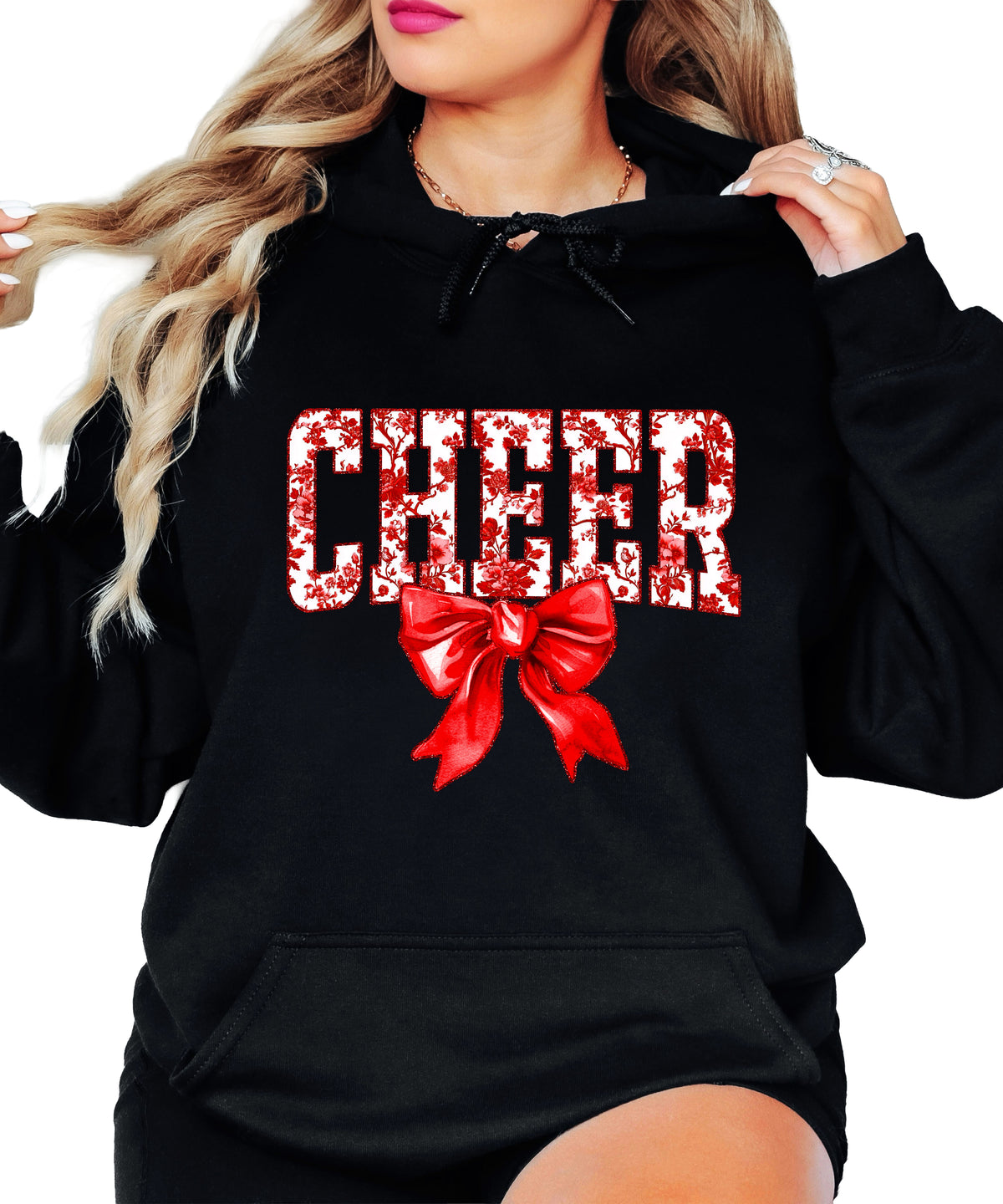 Cheer red floral bow hoodie for women and teen girls, Black hoodie, additional view 2