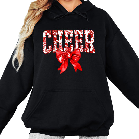Cheer red floral bow hoodie for women and teen girls, Black hoodie, additional view 3