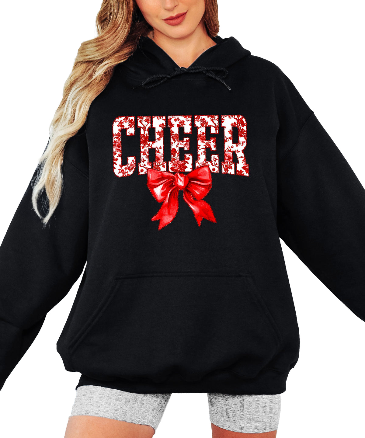 Cheer red floral bow hoodie for women and teen girls, Black hoodie, additional view 3