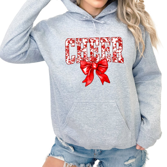 Cheer red floral bow hoodie for women and teen girls, Gray hoodie, front view