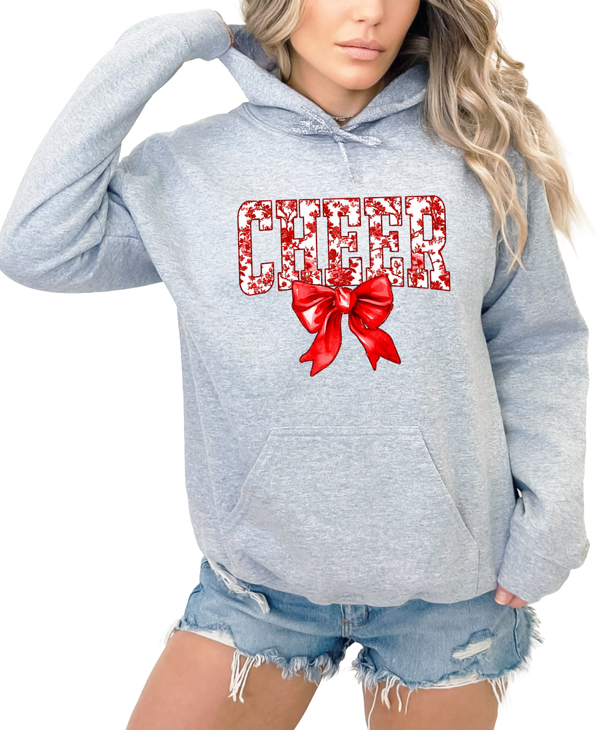 Cheer red floral bow hoodie for women and teen girls, Gray hoodie, front view