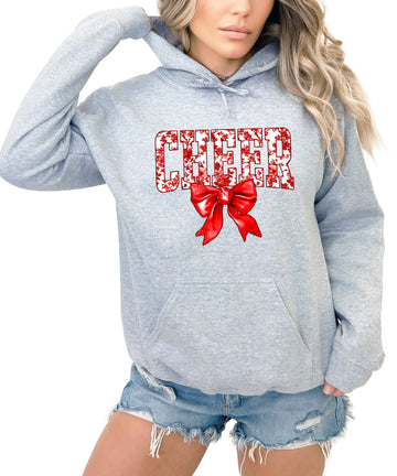 Cheer red floral bow hoodie for women and teen girls, Gray hoodie, front view