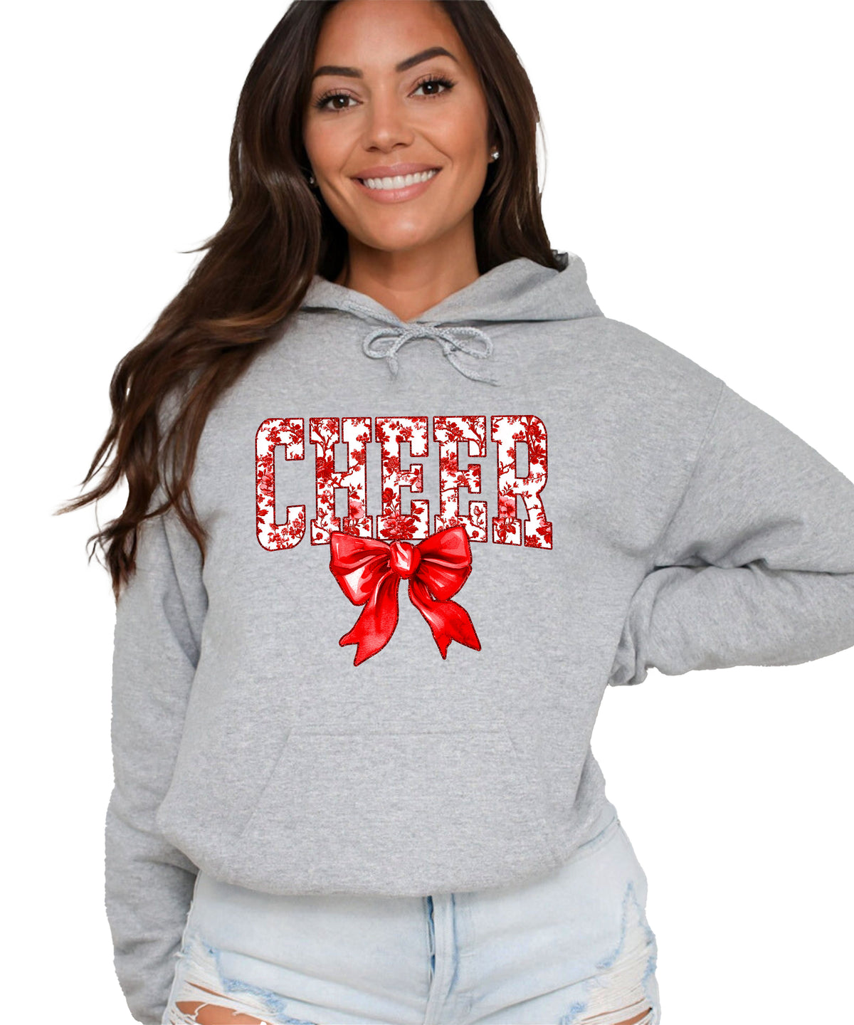 Cheer red floral bow hoodie for women and teen girls, Gray hoodie, additional view 2