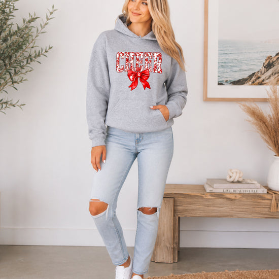 Cheer red floral bow hoodie for women and teen girls, Gray hoodie, additional view 3